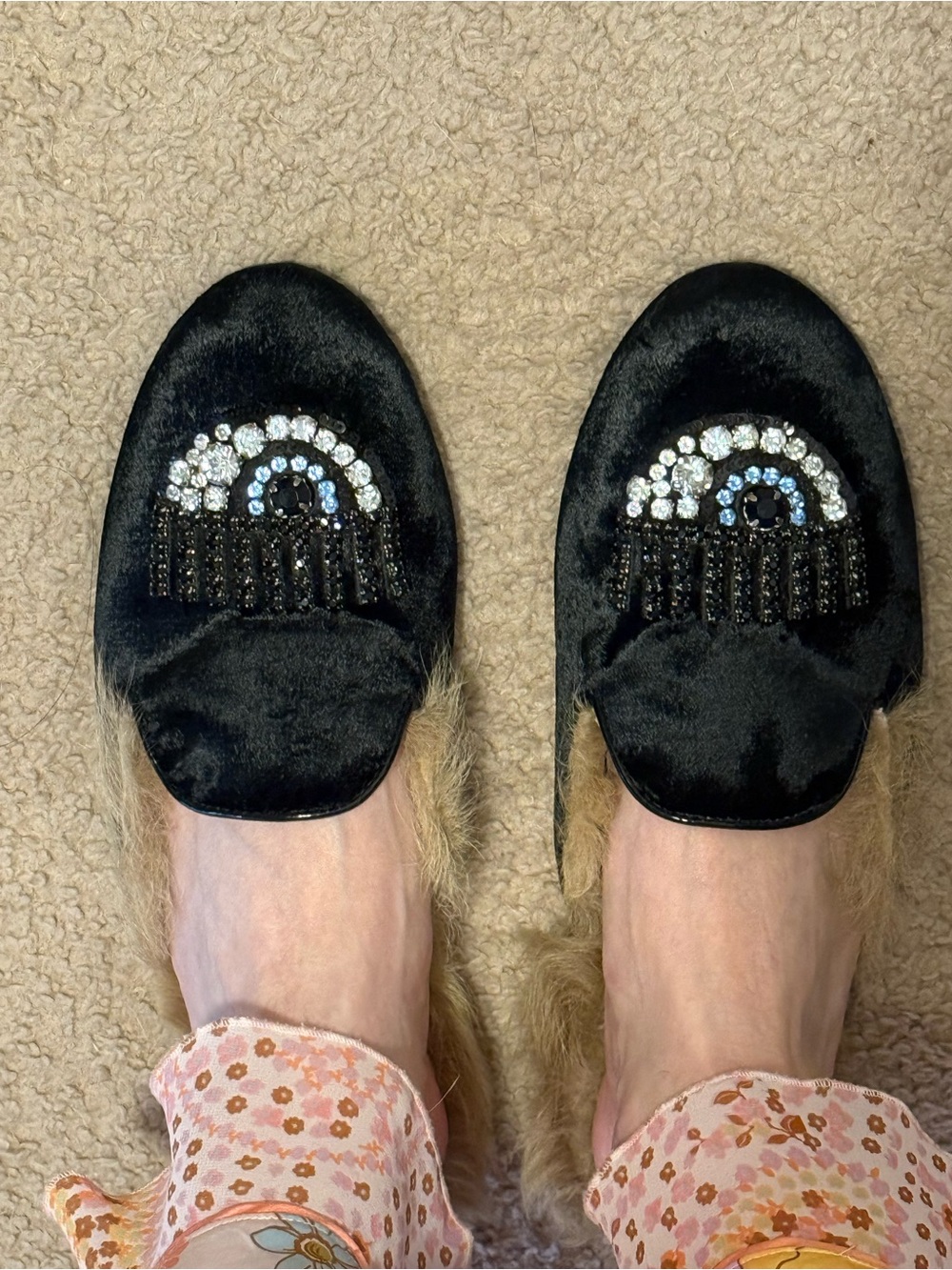 Chiara Ferragni Black Velvet Rhinestone Eye Fur-Lined Mule - Picture 5 of 6